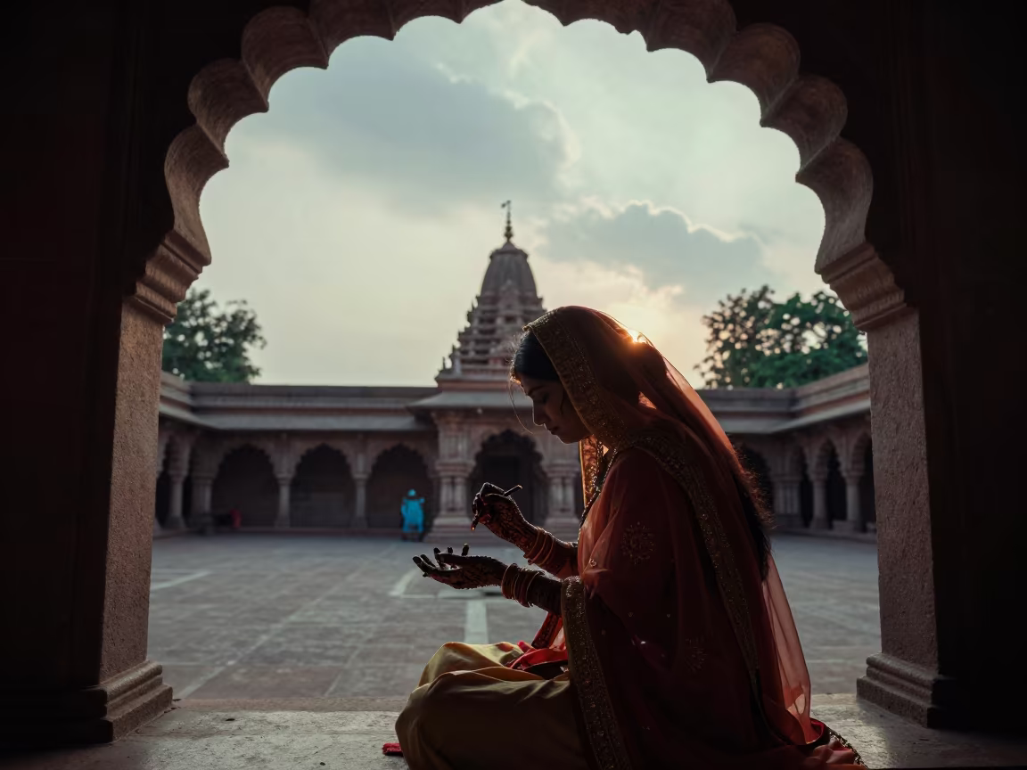 Mehndi Artist Silhouette Temple Mumbai in in a temple courtyard in Mumbai