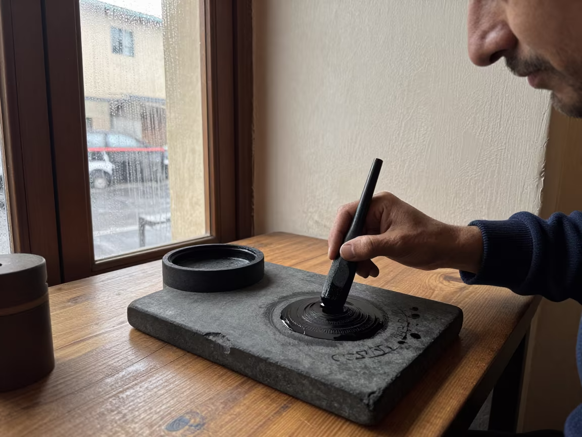 Meknes Calligrapher Grinding Ink Stick Stone in in a cafe in Meknes