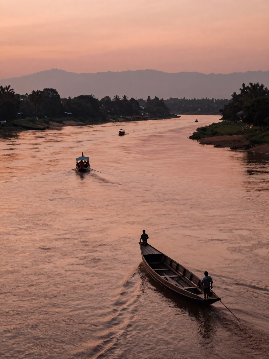 Mekong River And Traditional Wooden Boats Before Dusk in Luang Prabang in in Luang Prabang, Laos