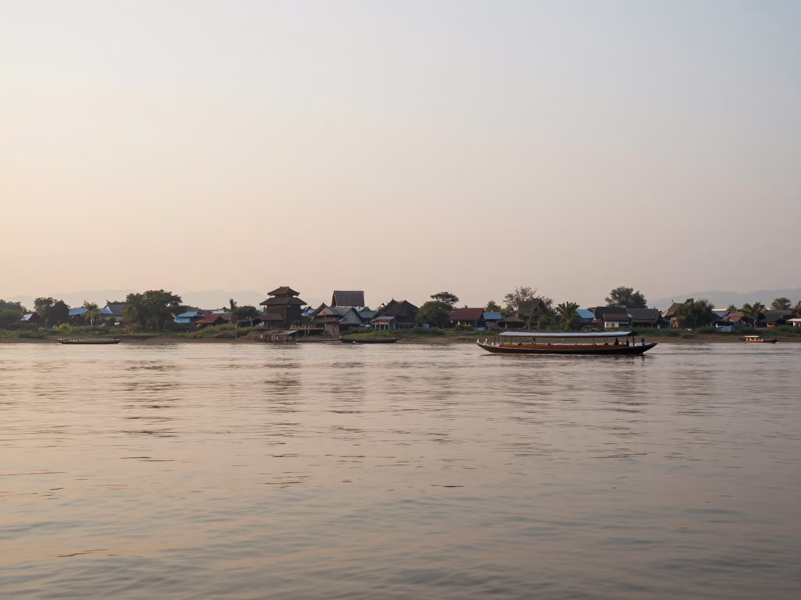 Mekong River Horizon And Traditional Wooden Boats in Luang Prabang in in Luang Prabang, Laos
