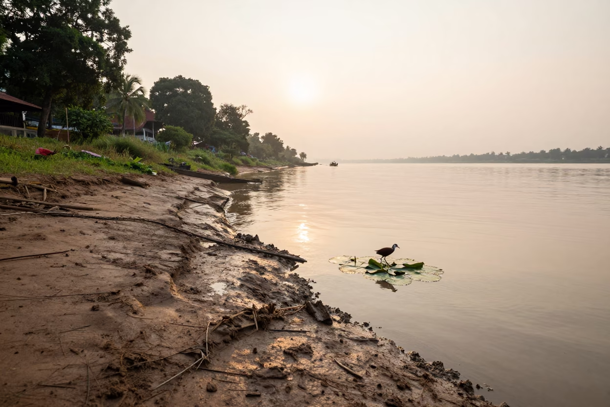 Mekong Riverbank in Phnom Penh at First Light Of Dawn in in Phnom Penh, Cambodia