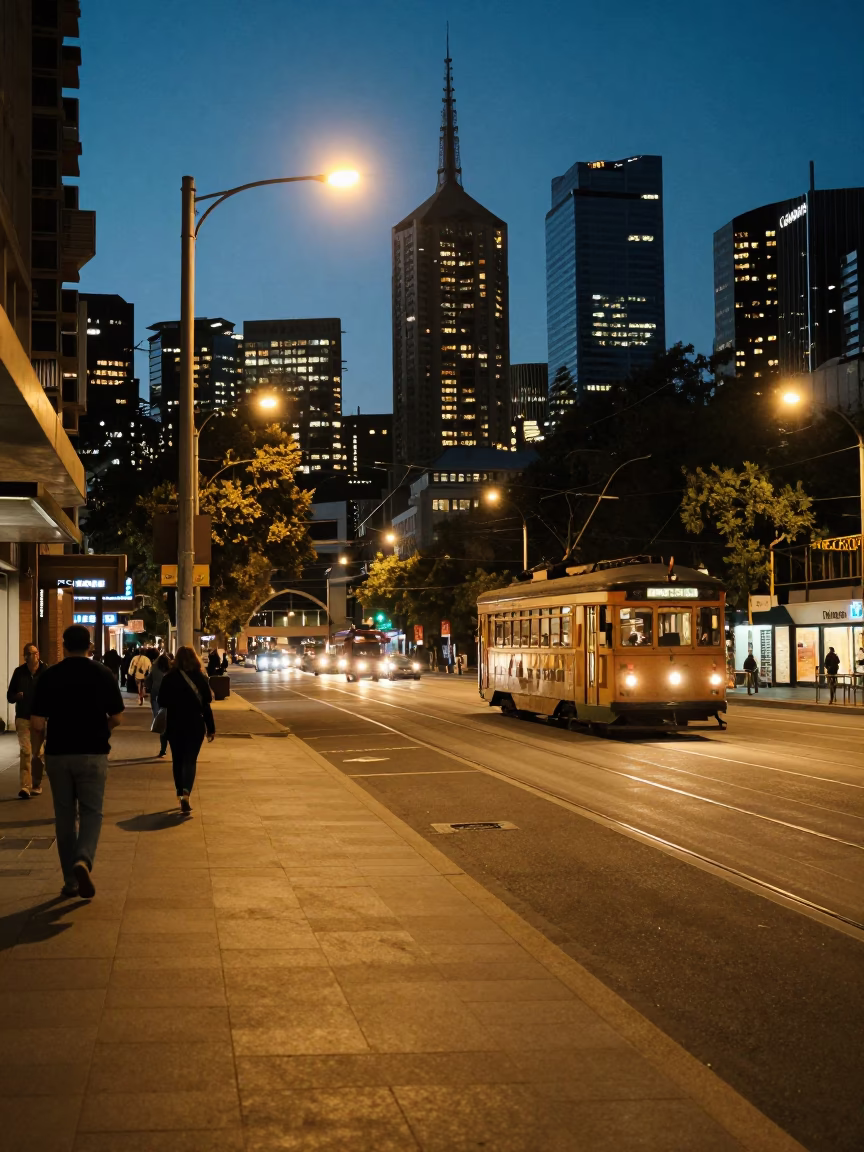 Melbourne Australia City Lights Glow Over Busy Street Scene with Vintage 1960s Atmosphere in in Melbourne, Victoria, Australia