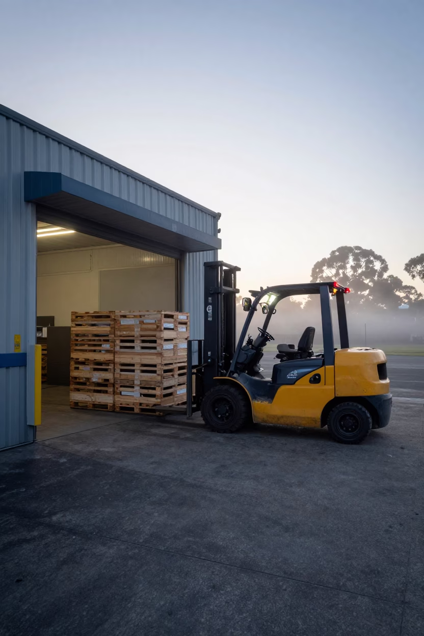 Melbourne Australia Dawn Loading Dock With Forklifts Moving Pallets Before Sunrise in in Melbourne, Victoria, Australia