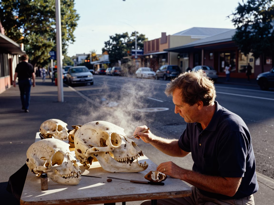 Melbourne Australia Early Afternoon Street Scene with Fossil Paleontology Lab Work and Natural Elements in in Melbourne, Victoria, Australia