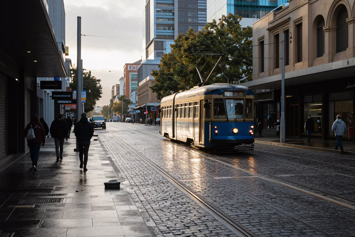 Melbourne Australia Morning Street Scene with Tram Tracks and Coffee Shop Exterior in in Melbourne, Victoria, Australia