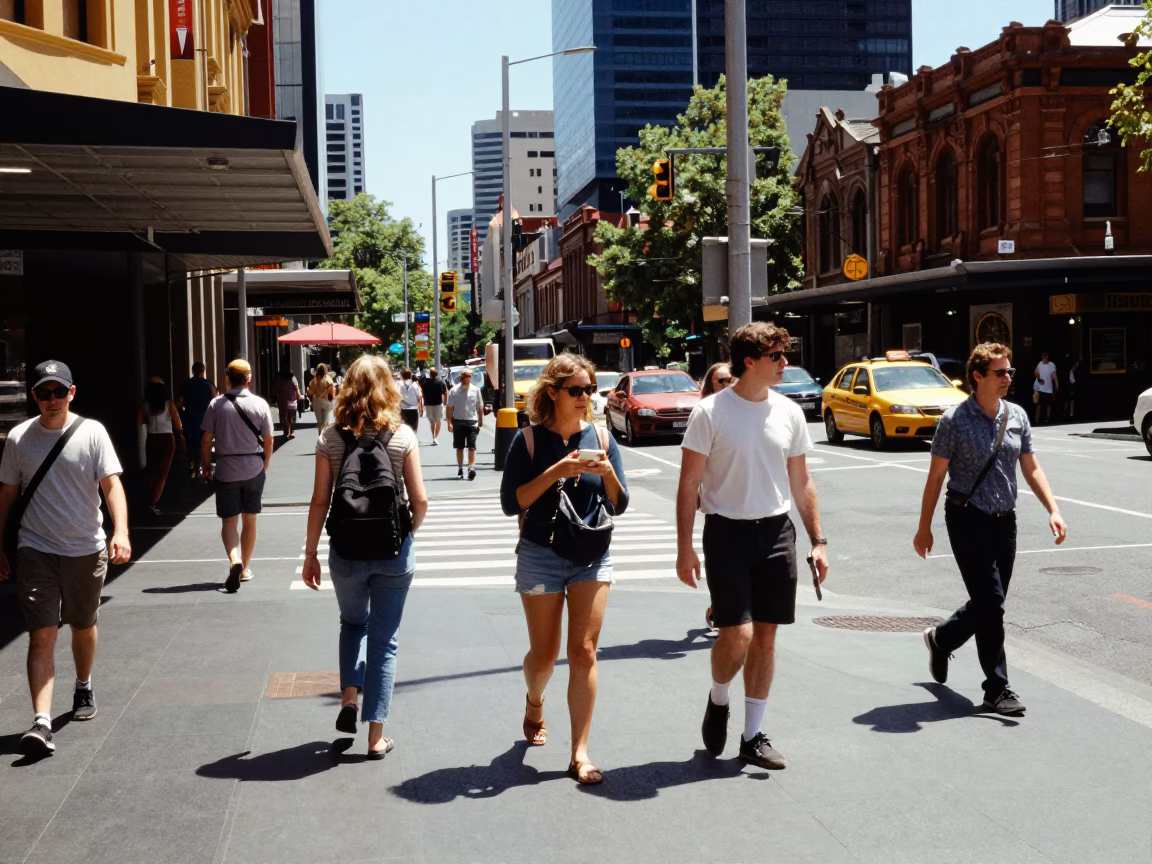 Melbourne Australia noon street scene with pedestrians and urban architecture under flat glare in in Melbourne, Victoria, Australia
