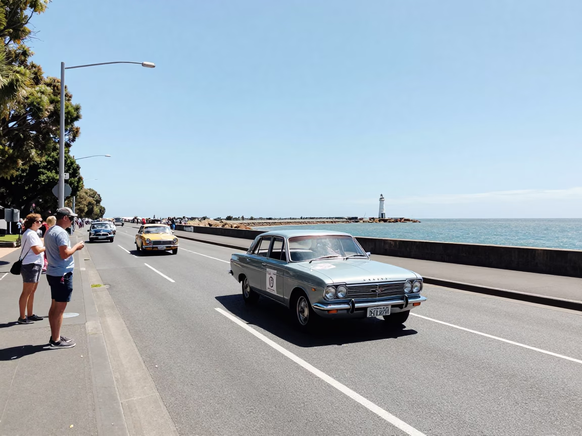 Melbourne Australia Noon Street Scene with Vintage Car Rally and Harbor Breakwater in Background in in Melbourne, Victoria, Australia