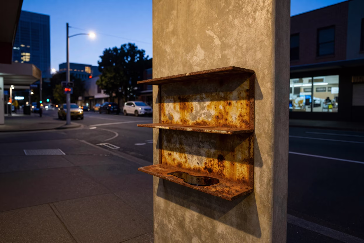 Melbourne Australia Predawn Street Scene with Rusty Shelf and Water Rings in in Melbourne, Victoria, Australia