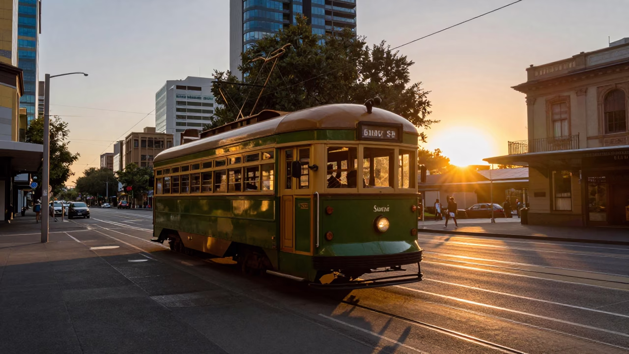 Melbourne Australia Sunset Street Scene with Vintage Tram and Urban Architecture in in Melbourne, Victoria, Australia