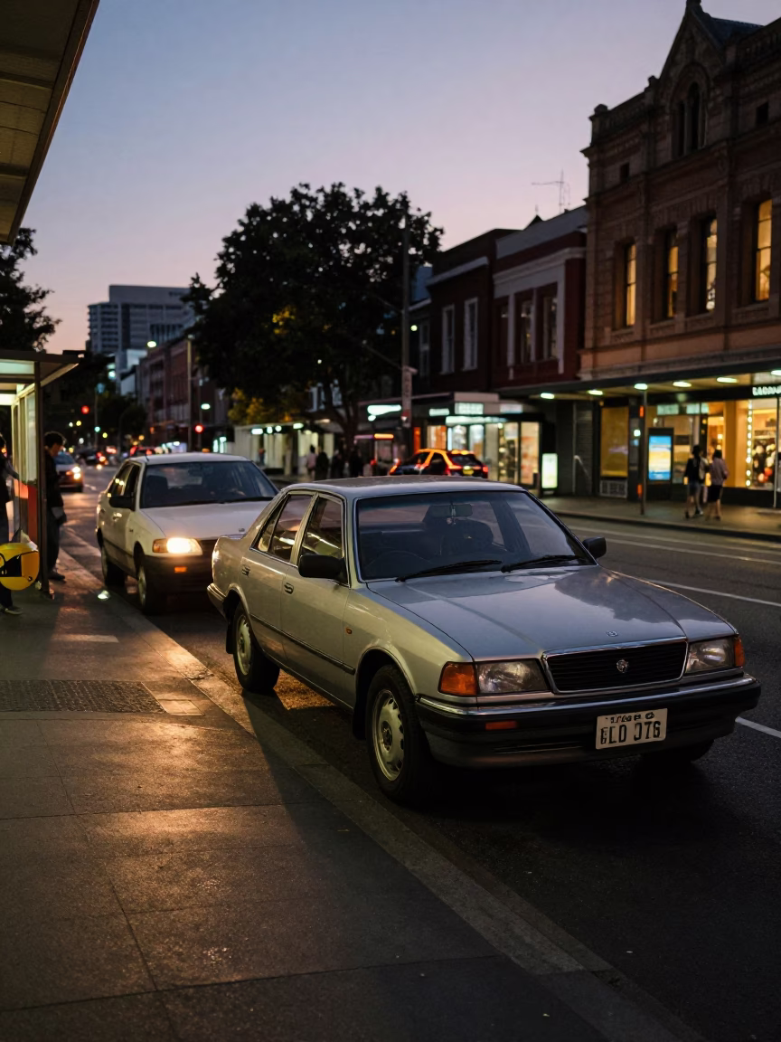 Melbourne Australia Twilight Street Scene with Vintage 1990s Car and City Lights in in Melbourne, Victoria, Australia
