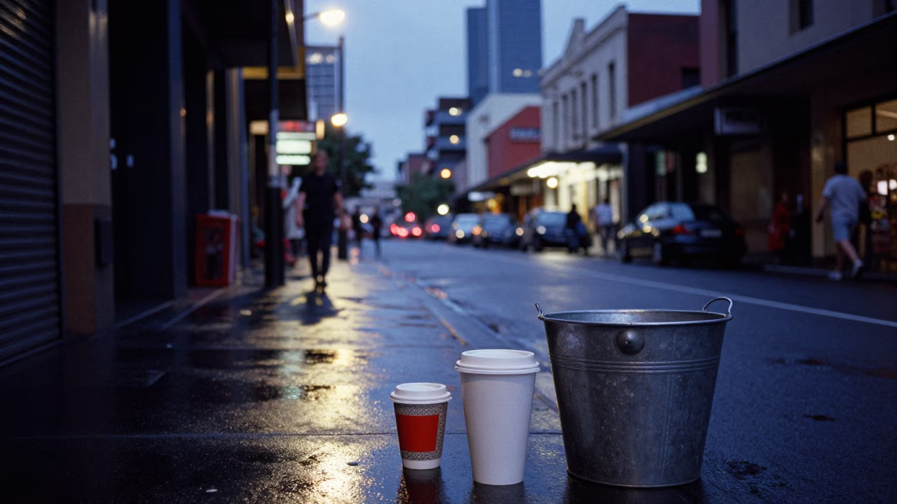 Melbourne Blue Hour Street Scene with Coffee Cupper and Metal Bucket in in Melbourne, Victoria, Australia