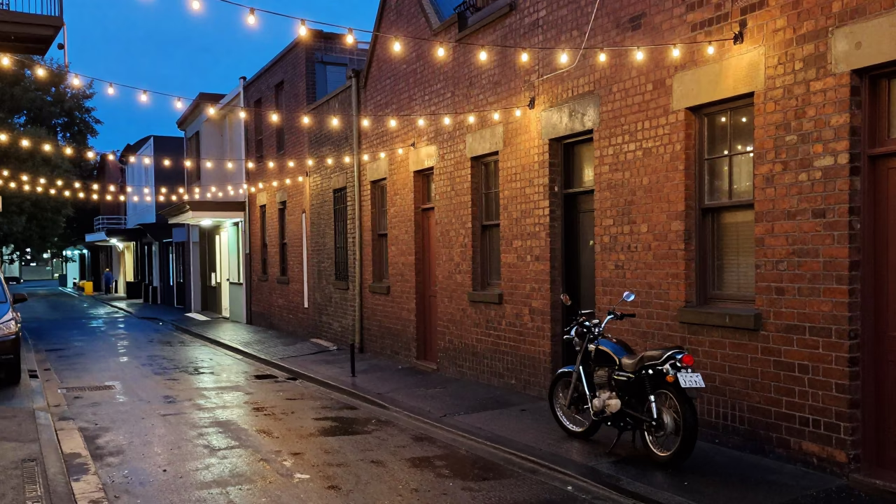 Melbourne Blue Hour Street Scene with String Lights and Vintage Motorcycle in in Melbourne, Victoria, Australia