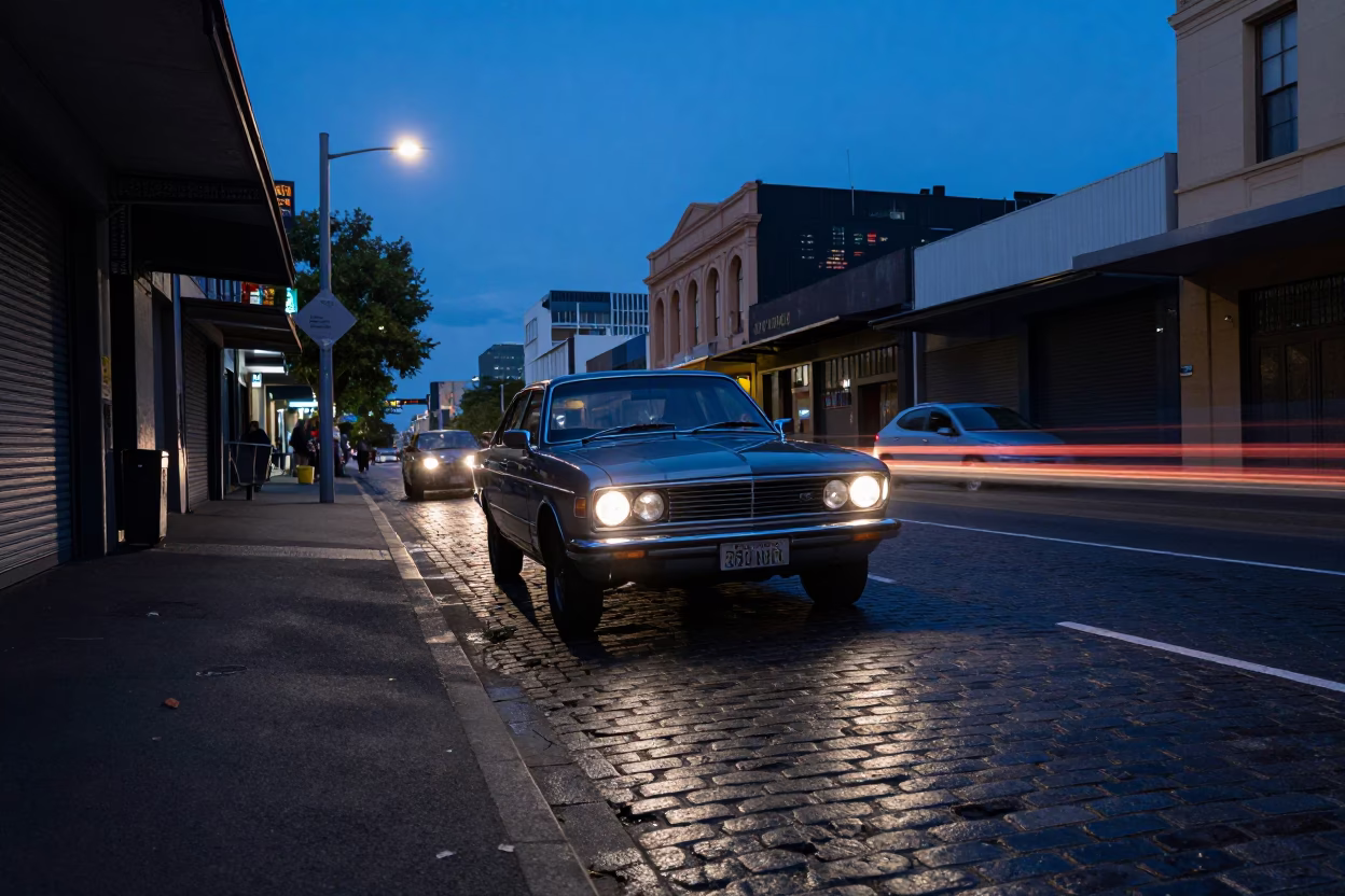 Melbourne Blue Hour Street Scene with Vintage Car and Taillight Streaks in in Melbourne, Victoria, Australia