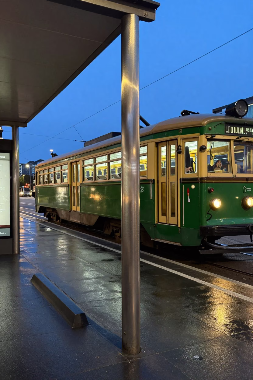 Melbourne Blue Hour Tram Stop with Brushed Steel and Doorknob Details in in Melbourne, Victoria, Australia