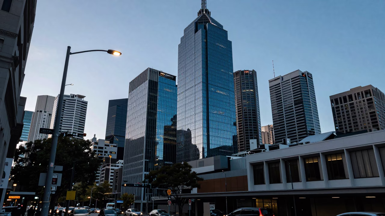Melbourne CBD Dawn Street Scene with Glass Towers and Monorail Reflections in in Melbourne, Victoria, Australia