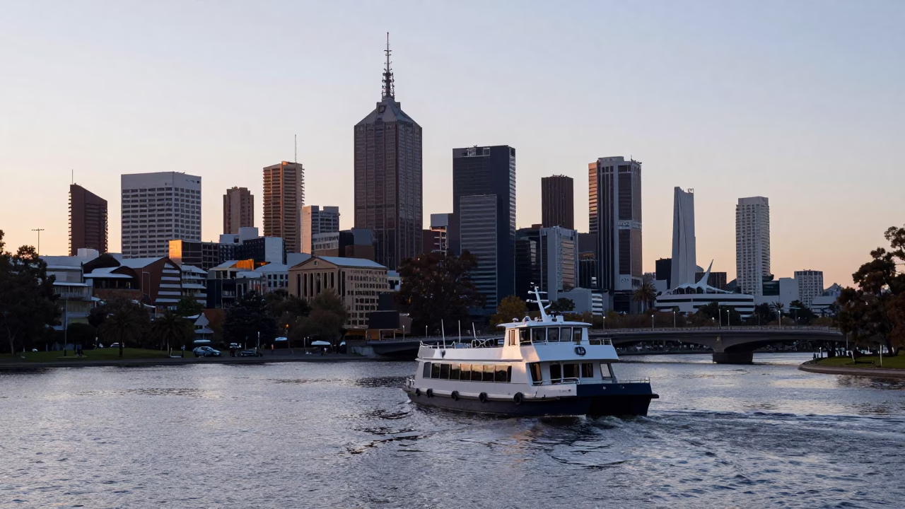 Melbourne City Creek Water Taxi at First Light Dawn Reflections Victoria Australia in in Melbourne, Victoria, Australia
