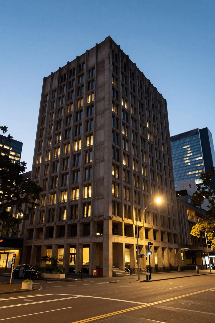 Melbourne City Lights Glow Over Concrete Brutalist University Building at Dusk in in Melbourne, Victoria, Australia