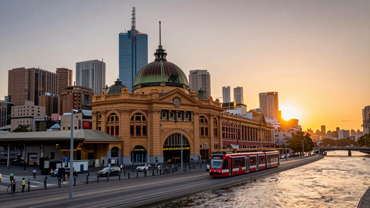 Melbourne City Skyline at Sunset with Tram and Urban Architecture in in Melbourne, Victoria, Australia