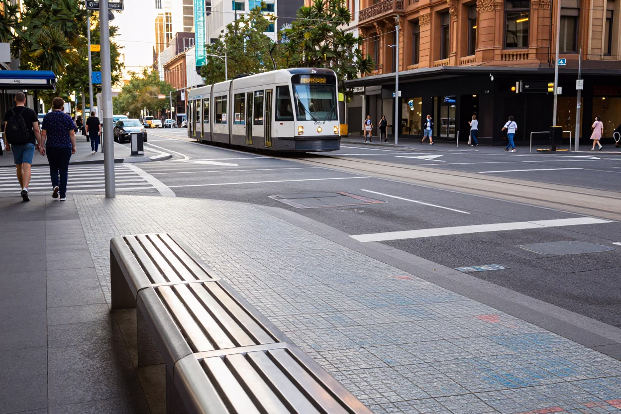 Melbourne City Tram Intersection Early Afternoon with Ceramic Tiles and Steel Bench in in Melbourne, Victoria, Australia