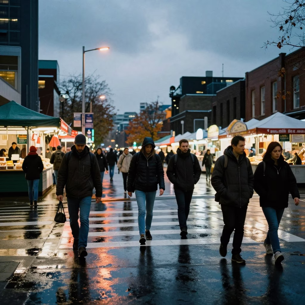 Melbourne Commuters Dodge Rain Puddles Dusk in along a market-lined side street in Melbourne