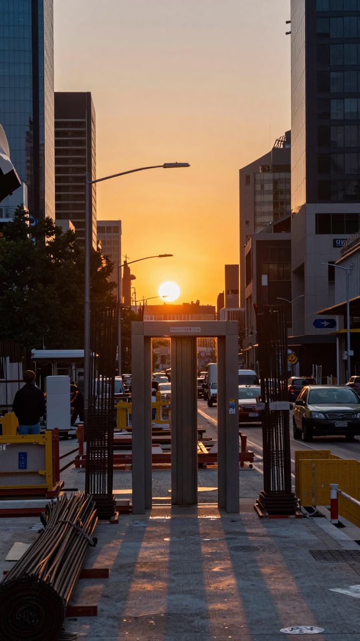 Melbourne Construction Site at Sunset with Rebar Bundles and Vintage Italian Majolica Plate in in Melbourne, Victoria, Australia
