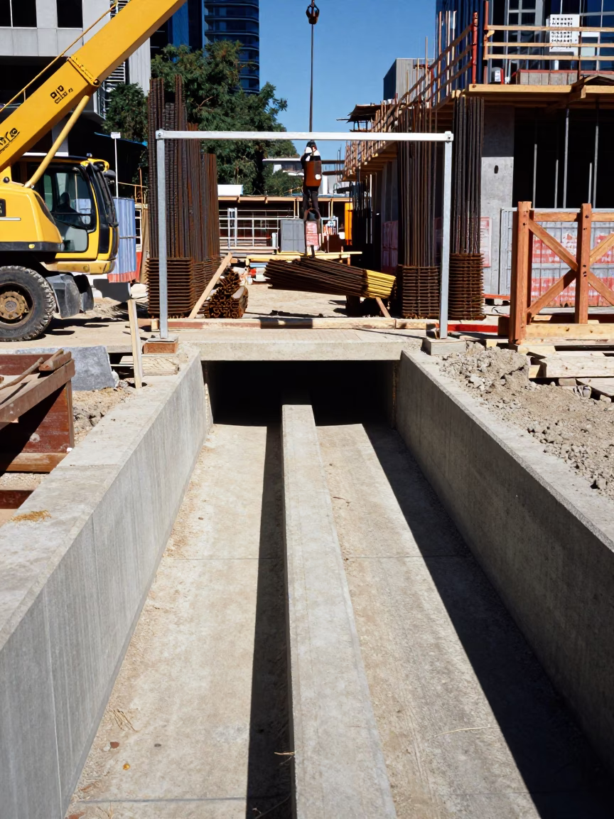 Melbourne Construction Site Midday Sun Stripe on Drain with Rebar Bundles in in Melbourne, Victoria, Australia