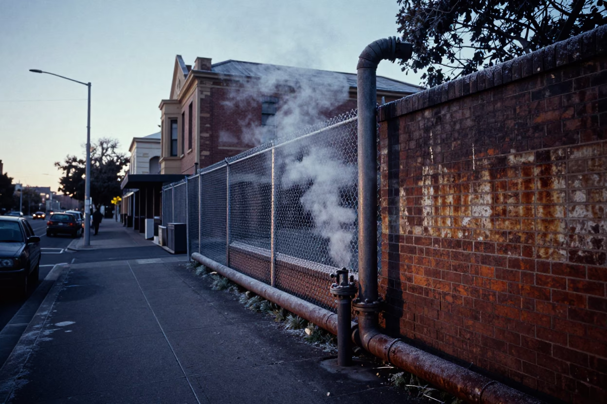 Melbourne Dawn Street Scene With Steaming District Heating Pipe And Frost Coated Fencing in in Melbourne, Victoria, Australia