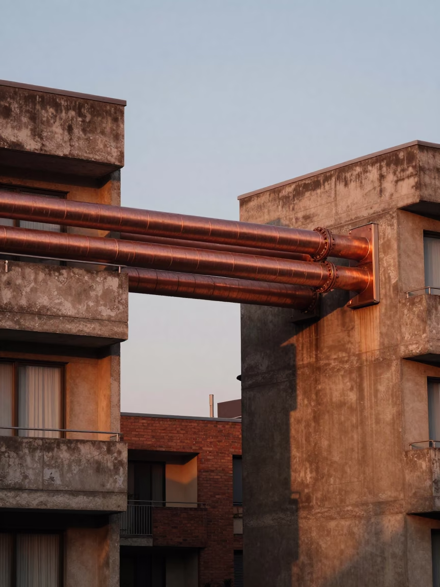 Melbourne District Heating Pipes Between Apartment Blocks in Copper Toned Dusk Light in in Melbourne, Victoria, Australia