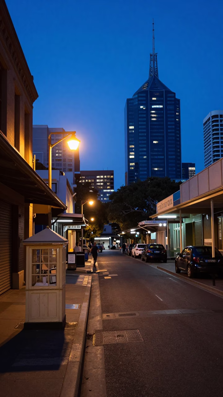 Melbourne Evening Blue Hour Street Scene with Vintage Tiffin Tin and Local Architecture in in Melbourne, Victoria, Australia
