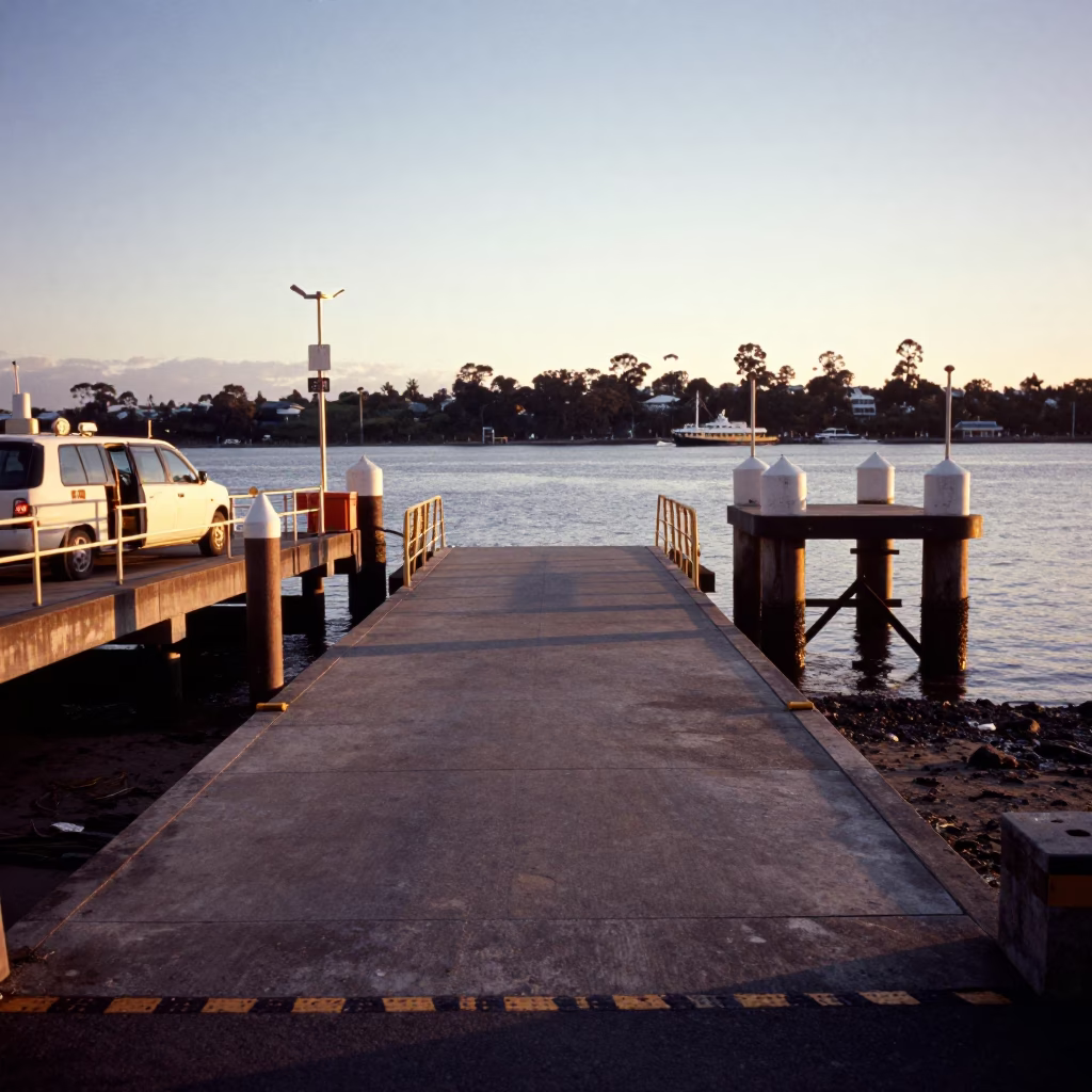 Melbourne Evening Ferry Ramp and Piling System at Low Tide with Oranges in in Melbourne, Victoria, Australia