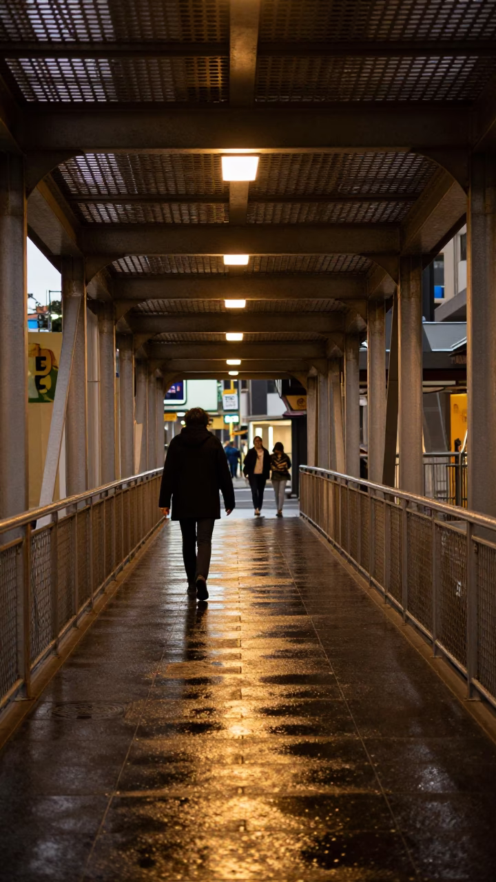 Melbourne Evening Pedestrian Overpass Wet Footsteps and Urban Infrastructure in Honeyed Light in in Melbourne, Victoria, Australia
