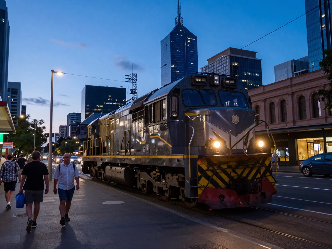 Melbourne Evening Street Scene with Heritage Locomotive and Urban Details in in Melbourne, Victoria, Australia
