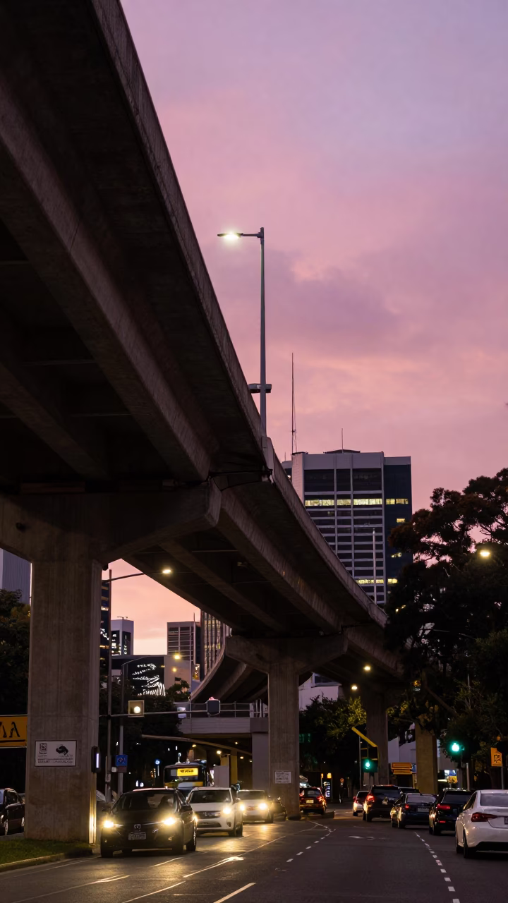 Melbourne Evening Street Scene with Highway Flyover and Urban Activity in in Melbourne, Victoria, Australia