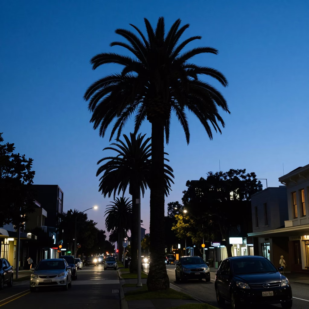 Melbourne evening street scene with palm tree silhouette against twilight sky in in Melbourne, Victoria, Australia