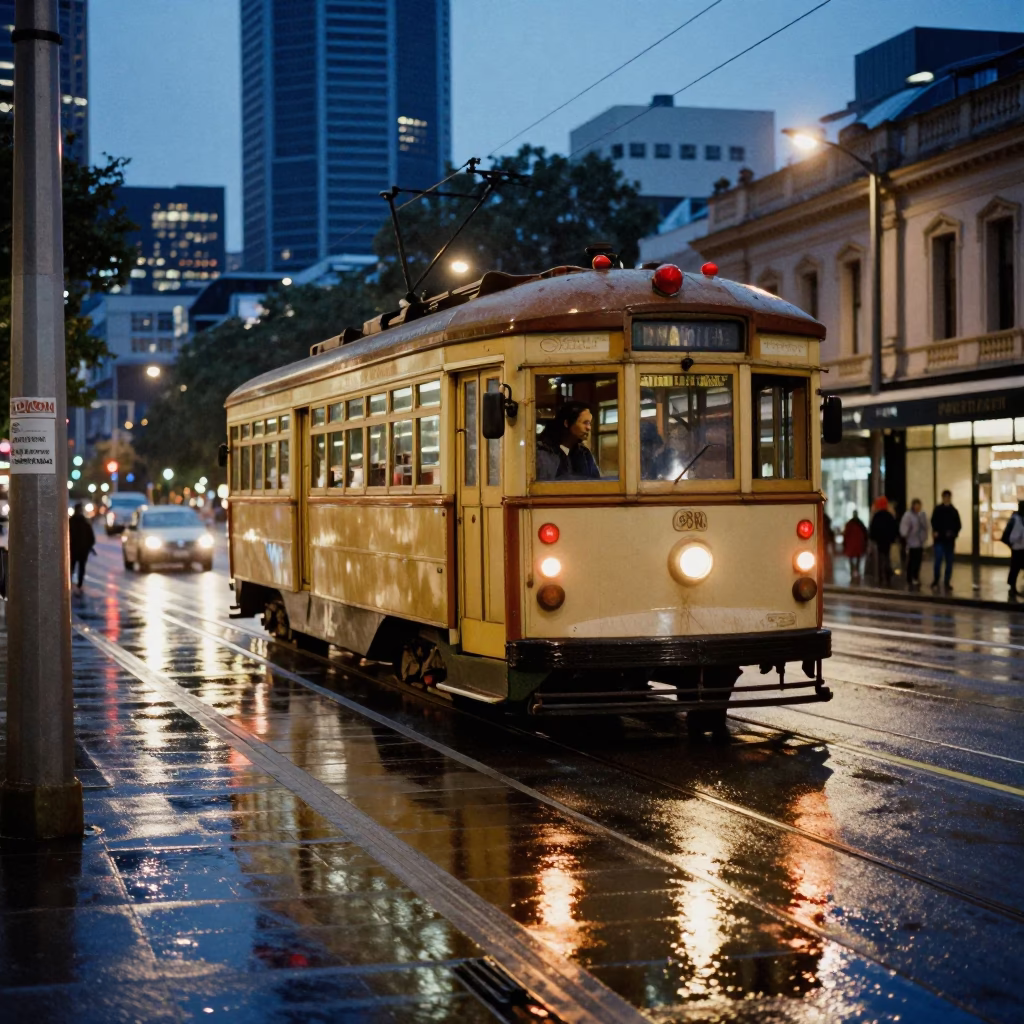 Melbourne Evening Street Scene with Vintage Tram and Urban Architecture in Blue Hour Light in in Melbourne, Victoria, Australia
