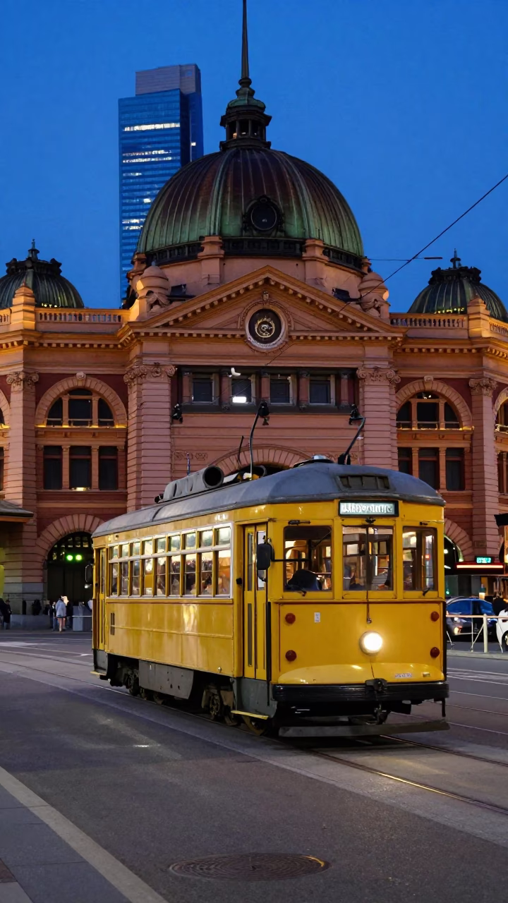 Melbourne Evening Tram on Flinders Street Under Last Blue Light of Day in in Melbourne, Victoria, Australia