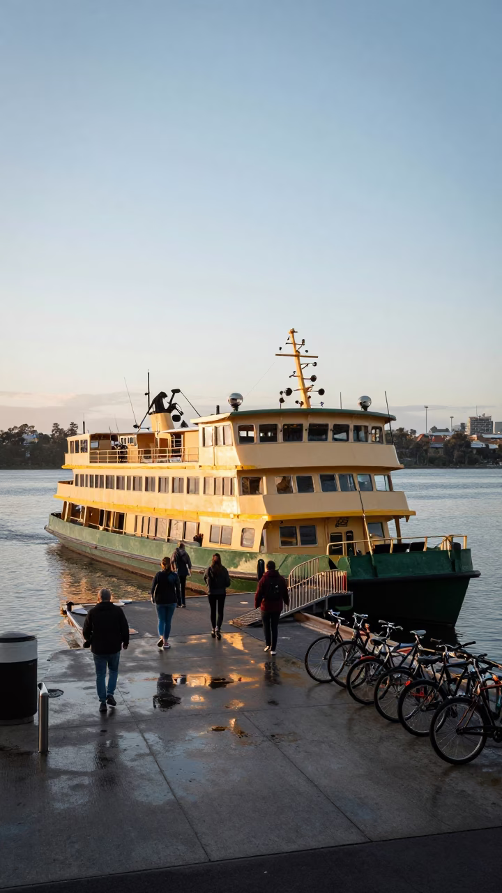 Melbourne Ferry Docking at Dawn with Passengers and Bicycles Loading in Victoria Australia in in Melbourne, Victoria, Australia