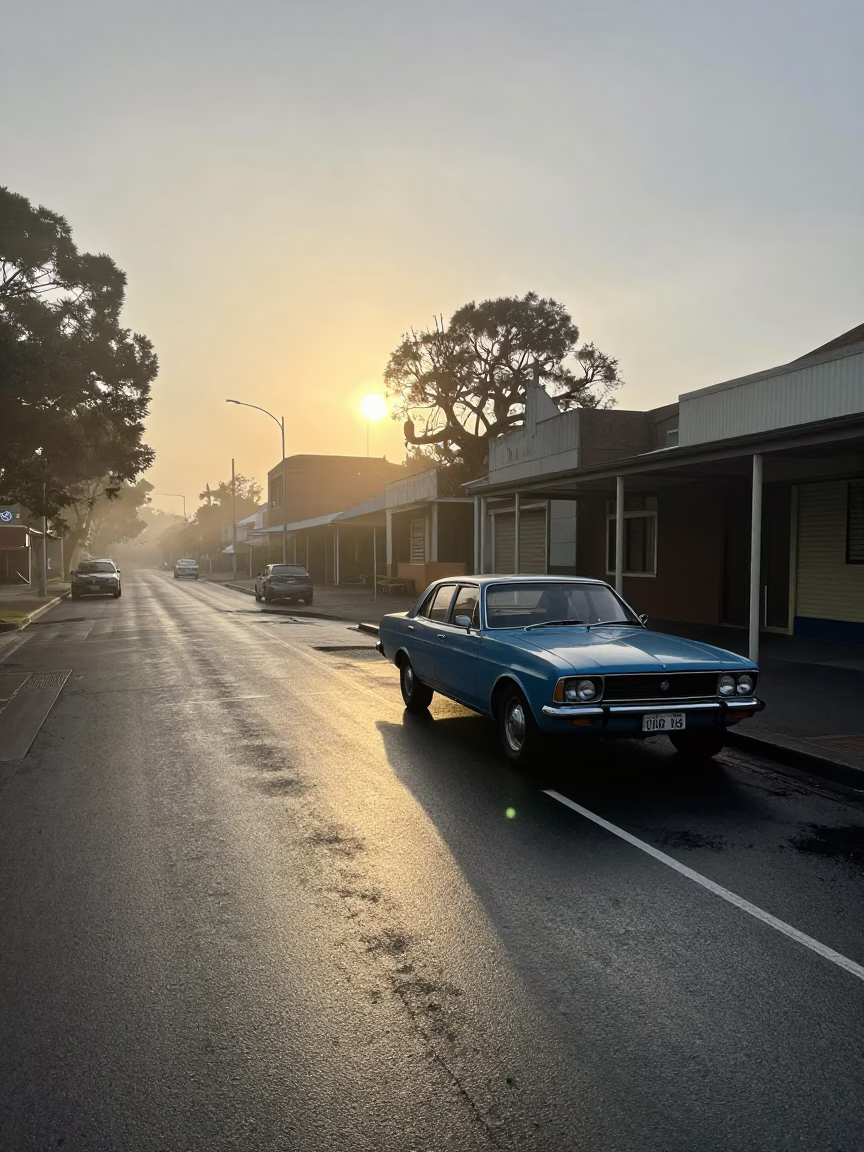Melbourne First Light Dawn Street Scene with Vintage 1980s Aesthetic and Urban Details in in Melbourne, Victoria, Australia