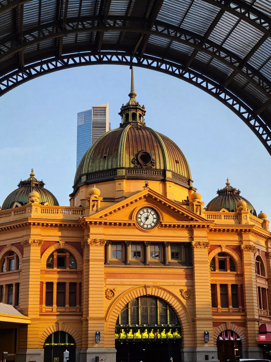 Melbourne Flinders Street Station Clock Under Iron Roof in Honeyed Evening Light in in Melbourne, Victoria, Australia