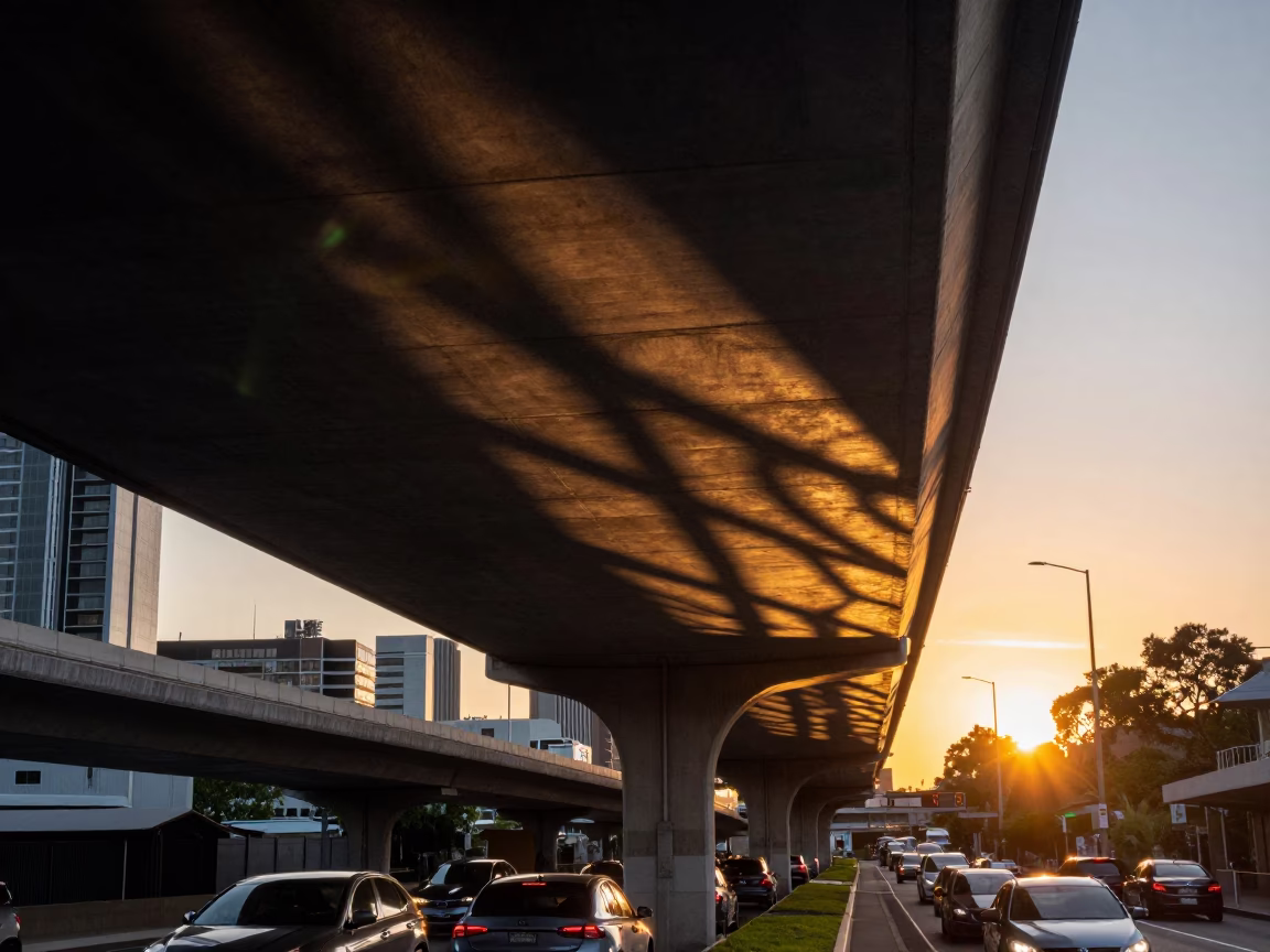 Melbourne Flyover Shadowed by Sunset Traffic and Urban Concrete Infrastructure in in Melbourne, Victoria, Australia