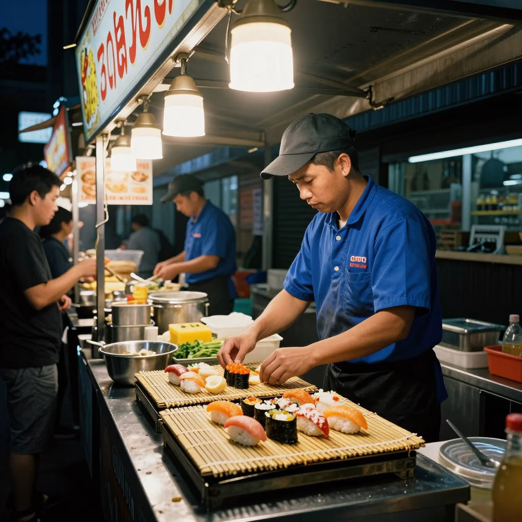 Melbourne Food Stall at Late At Night Light in in Melbourne, Victoria, Australia