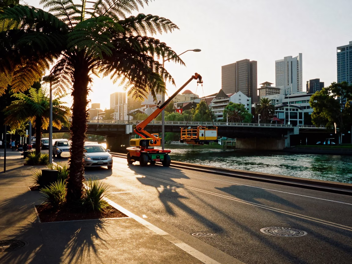 Melbourne Golden Hour Street Scene with Bridge Maintenance Cradle and Ferns in in Melbourne, Victoria, Australia