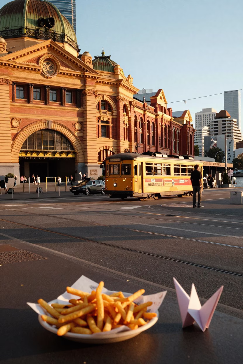 Melbourne Golden Hour Street Scene with Fish and Chips and Origami Crane in in Melbourne, Victoria, Australia
