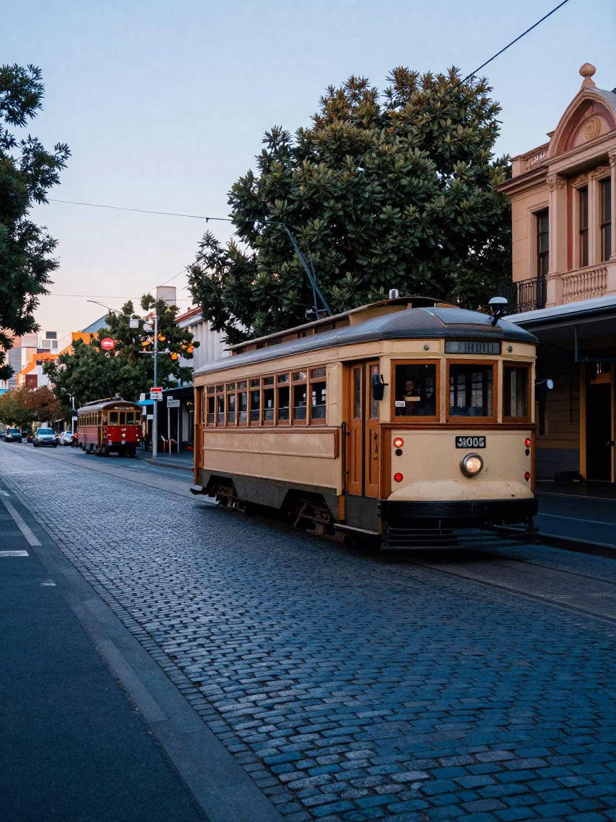 Melbourne Heritage Tram on Cobblestone Avenue Before Sunrise in Victoria Australia in in Melbourne, Victoria, Australia
