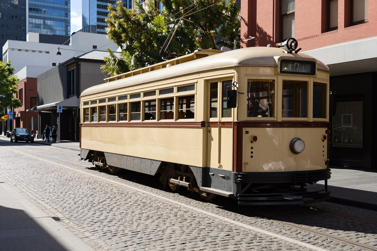 Melbourne Heritage Tram on Cobblestone Street Under Flat Noon Glare in Victoria Australia in in Melbourne, Victoria, Australia