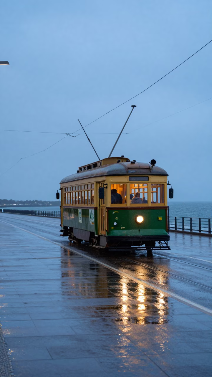 Melbourne Heritage Tram on Rain Swept Coastal Promenade Before Dawn in in Melbourne, Victoria, Australia