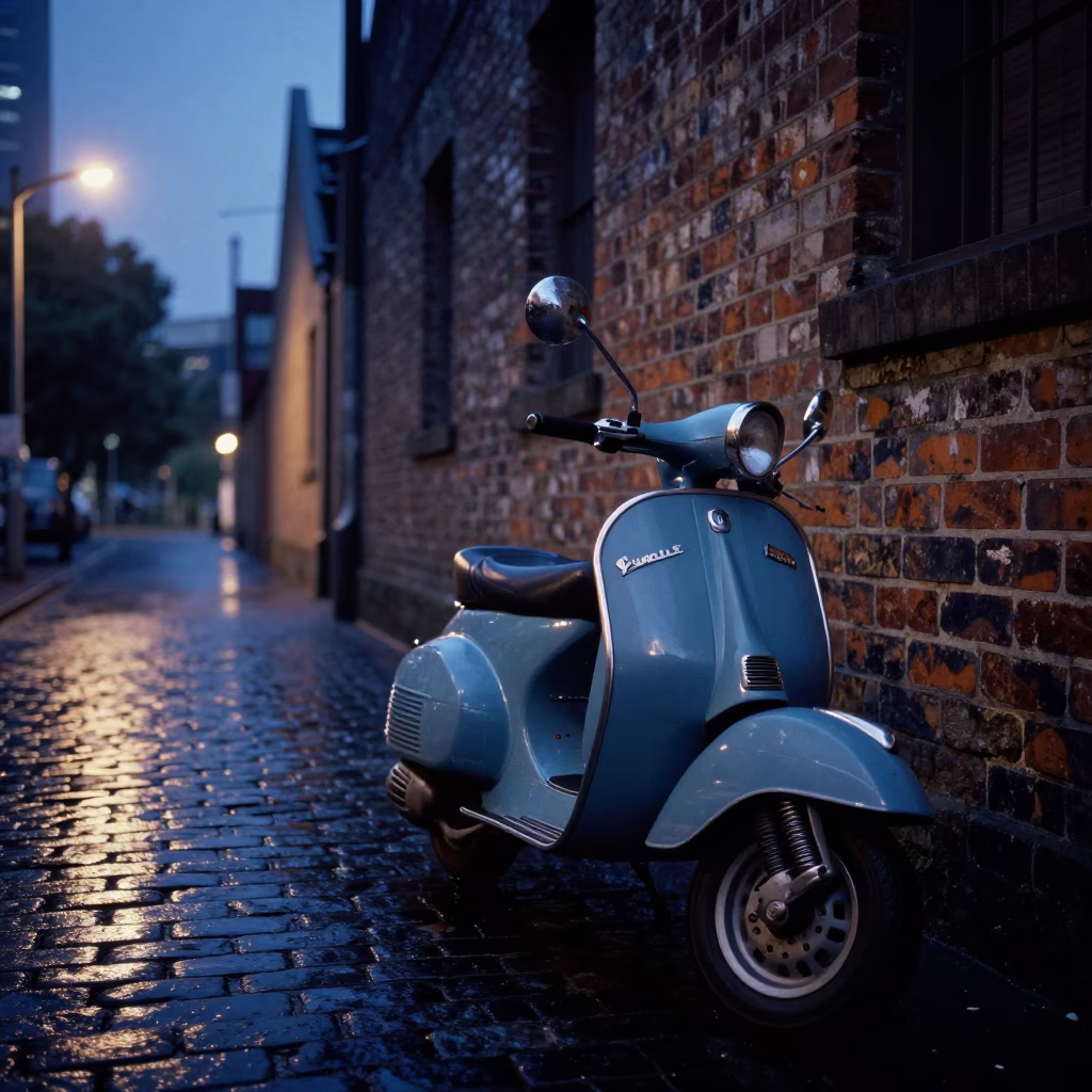 Melbourne Indigo Twilight Street Scene with Vintage Vespa and Cobblestone Lane in in Melbourne, Victoria, Australia