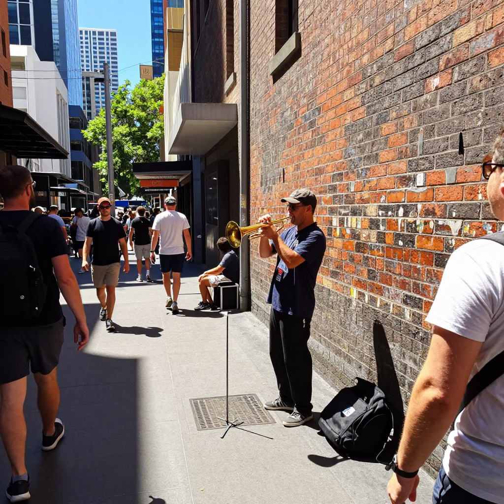 Melbourne Lane Way Busker and Commuters Under Flat Noon Sun in in Melbourne, Victoria, Australia