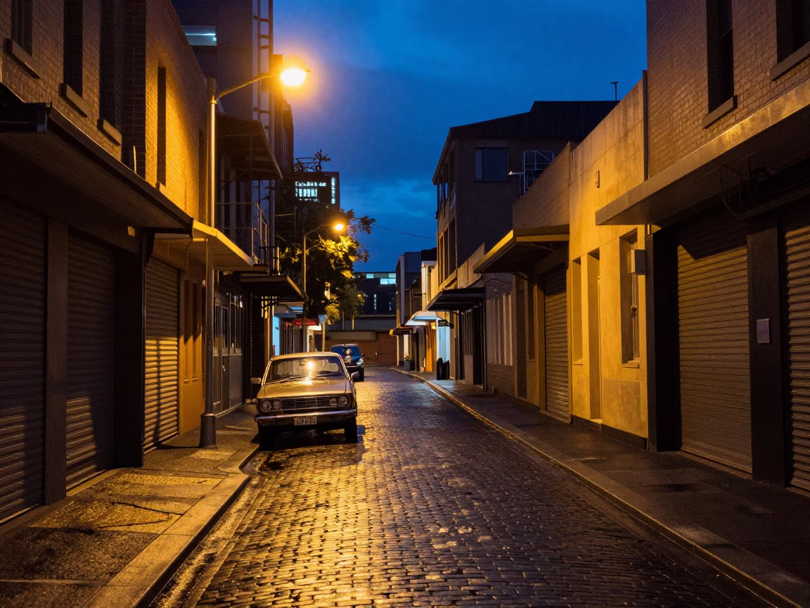 Melbourne laneway at blue hour with vintage car and streetlights in in Melbourne, Victoria, Australia