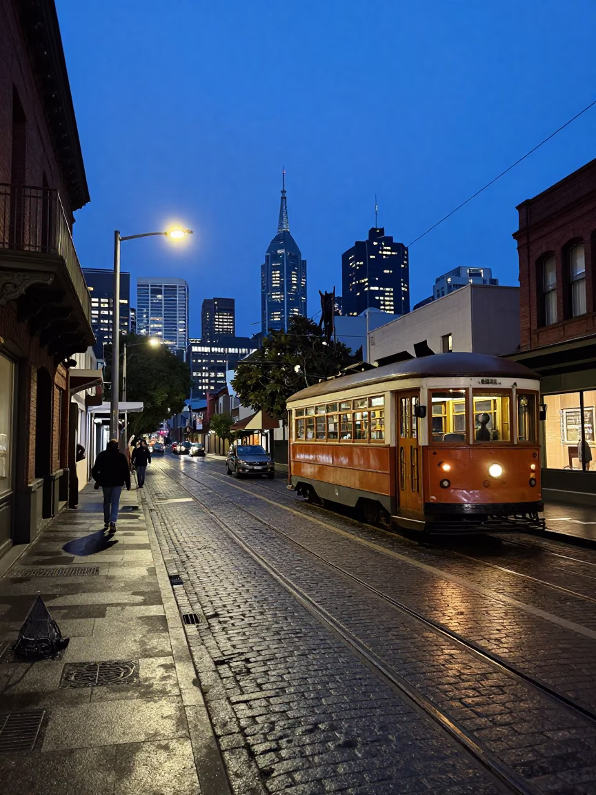 Melbourne laneway at blue hour with vintage tram and wet cobblestones in in Melbourne, Victoria, Australia
